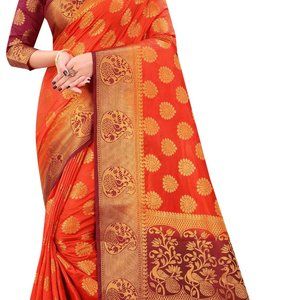 BRAND NEW Self Design Banarasi Cotton Silk Saree  (Orange)